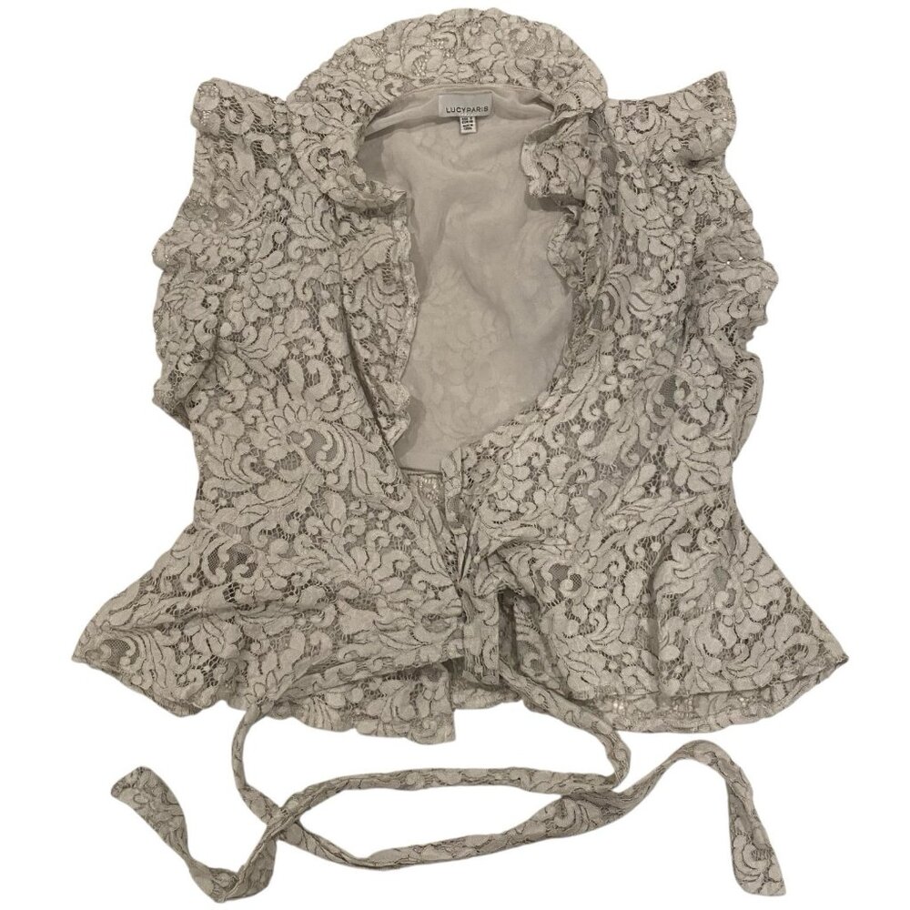 LUCY PARIS White Lace Doily Open Front Peplum Ruffled Collared Blouse Top SMALL